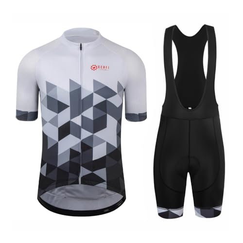 GCRFL Mens Cycling Jersey Set Road Bike Shorts Sleeves Jersey Zipper Pokcet Bib Shorts with Padded Cycling Clothing kit Men (White Grey XL)