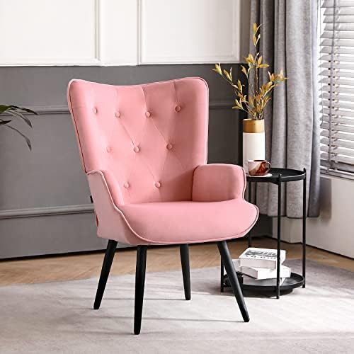 Furniliving Modern Accent Chair, Velvet Tufted Button Wingback Reading Chair Upholstered Comfy Lounge Chair with Arms High Back Side Chair with Solid Metal Legs for Living Room Bedroom, Pink