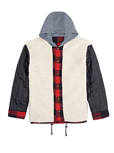 Image of COEVALS CLUB Men's Flannel Fleece Sherpa Quilted Lined Plaid Snap Work Shirt Jacket /Hooded
