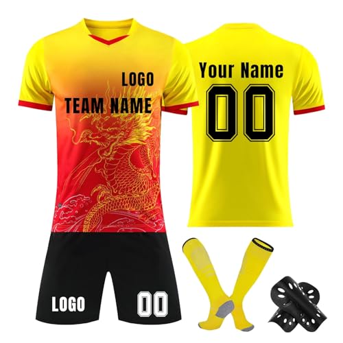 Camiseta de fútbol personalizada con pantalones cortos, calcetines y guardias, conjunto de entrenamiento de fútbol personalizado con el nombre del equipo y logotipo del número para adultos y niños