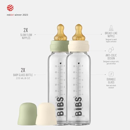 Image of BIBS Glass Bottle, 7.6 oz, 2-Pack, Natural Rubber Nipple, Ivory /Sage