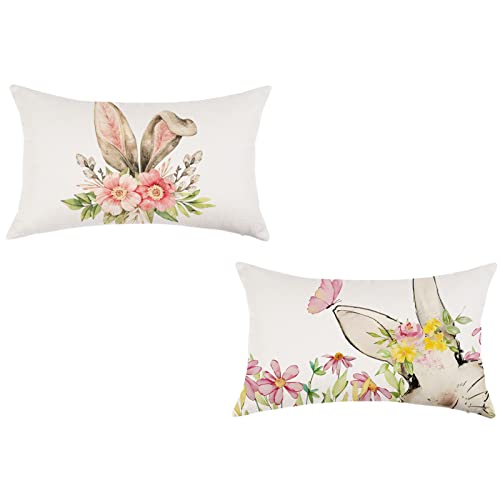 Onway Easter Bunny Throw Pillow Covers 12 X 20 Inch Set Of 2 Seasonal Spring Rabbit Decorative Lumbar Pillowcases Holiday Cushion Cases For Sofa Couch Home Decorations #TOP17