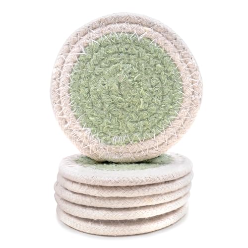 Image of Encasa XO Drink Coasters Set of 6 | Sage & Off White with Round (9 cm) | Handcrafted Ribbed Cotton | Absorbent & Heat-Resistant | Use for Tea, Coffee Table & Desk
