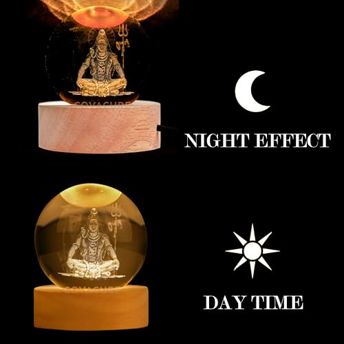 Image of COVACURE 3D Shiv Crystal Ball Night Lamp, Solar System Shiv Idol Crystal Ball Night Light, USB Table Colorful LED Wooden Base Lamp for Home, Office, Birthday Gift