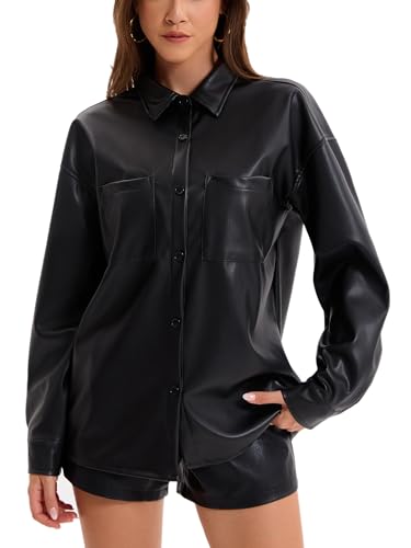 Women's Faux Leather Button-Down Shirt Jacket Lightweight Long Sleeve PU Blouse Shacket Tops2