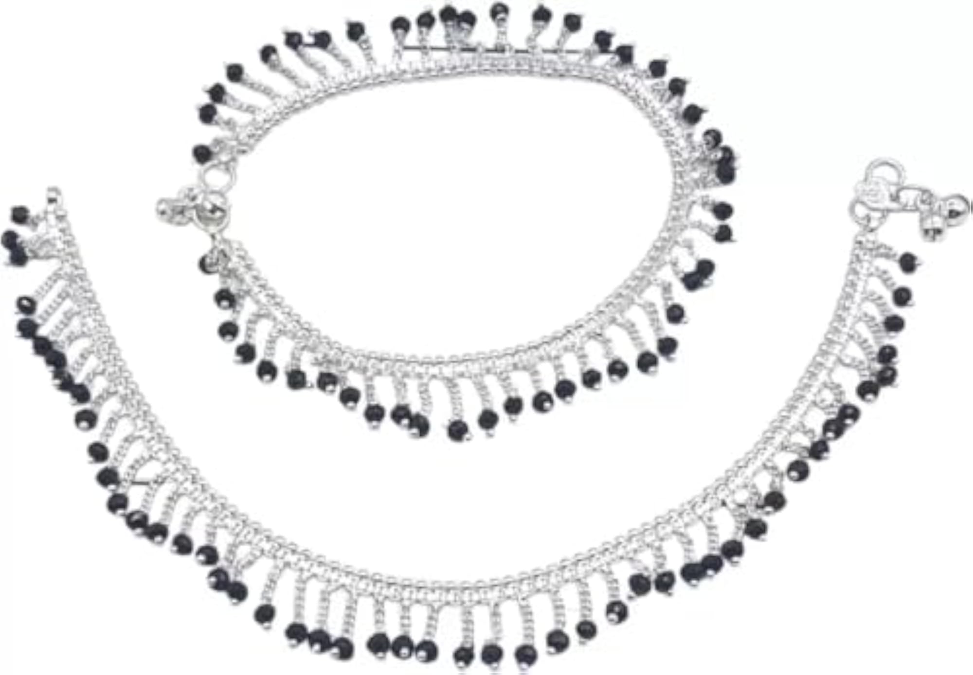 Set of 2 Silver Tone Anklets with Black Crystal Beads