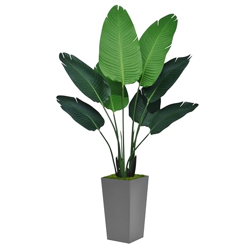 ASTIDY Bird of Paradise Artificial Plant 5FT - Faux Tropical Palm Tree with Gray Tall Planter - Fake Banana Leaf Floor Plant Potted - Artificial Silk Tree for Home Office Living Room Decor Indoor