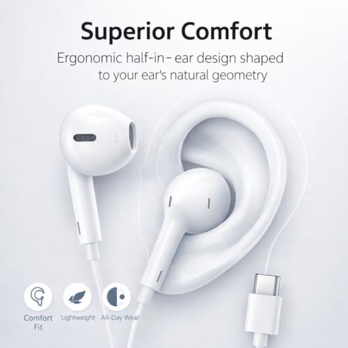 Image of Mizi 2 Pack USB C Headphones - Wired Earphones with Microphone & Volume Control, USB Type-C Earbuds Compatible with iPhone 17 /16 /15 Pro Max /Plus /Air, iPad Pro /Air, Galaxy S25 /S24 /S23 /S22 /S21, White