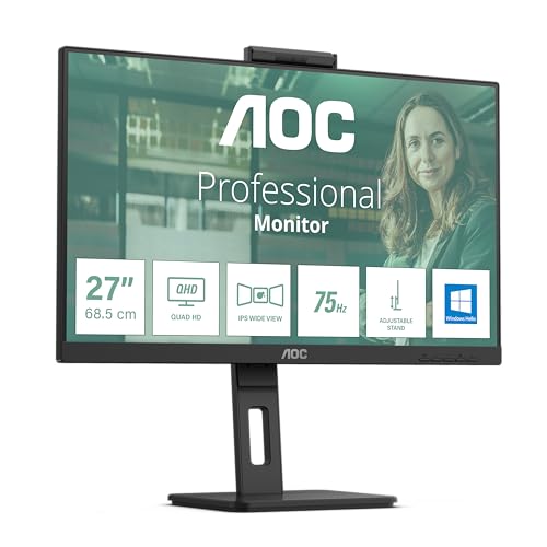 AOC Q27P3CW - 27 Zoll QHD Monitor, 2 MP Webcam, höhenverstellbar, Lautsprecher (2560x1440, 75 Hz, HDMI, DisplayPort (in/Out), USB-C (65W PD), RJ45, USB Hub) schwarz