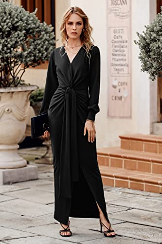 Prettygarden Women's Spring Long Sleeve Maxi Bodycon Dresses V Neck Twist Front Ruched Cocktail Evening Dress With Slit (Black,X-Large) #TOP6