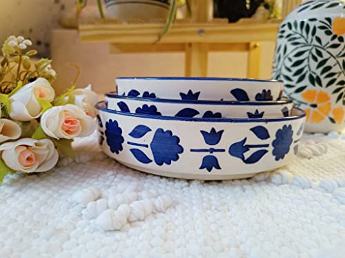 Image of Niyara Stoneware Handmade Ceramic Stylish Premium Serving Bowls /Salad Tray Microwave Dishwasher Safe (Blue Flower Print Set of 3)