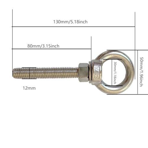 Image of 304 Stainless Steel Shoulder Eye Bolts, 2 PCS M12 Heavy Duty Eye Bolt Lifting Ring 3.15 inch Threaded Eyebolt with Nuts and Flat Washers(Thread Length 80mm) Muti-Function for Indoor Outdoor