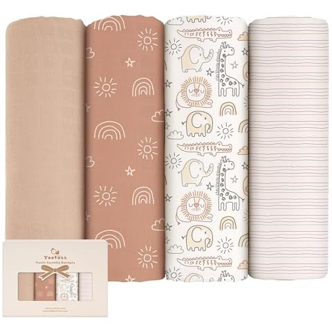 Yoofoss Muslin Swaddle Blankets, 4-Pack Receiving Blankets for Baby Boys and Girls, 47 x 47 Inches Baby Blankets Neutral Swaddle Wrap 70% Rayon from Bamboo and 30% Cotton Cover