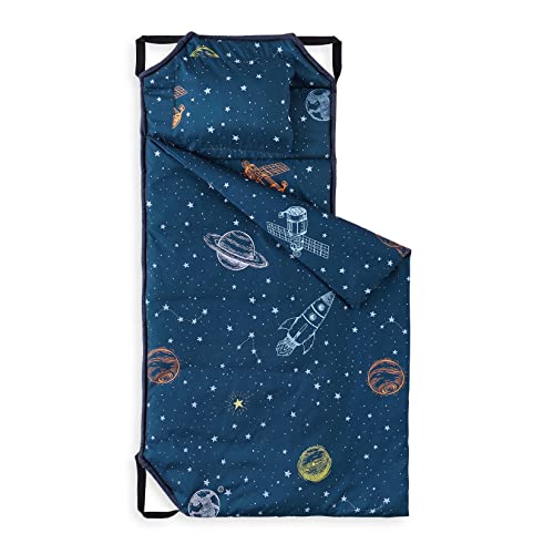 Image of Wake In Cloud - Cot Nap Mat with Pillow and Blanket, for Toddler Kids Boys Girls in Daycare Kindergarten Preschool Pre K with Elastic Corner Straps, Spaces Stars Planet Galaxy, Navy White Orange