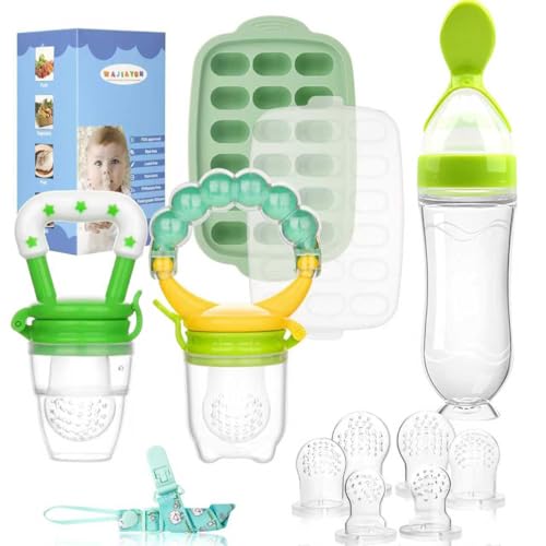 Image of Baby Fruit Feeder & Baby Breastmilk Popsicle Molds-WAJIAYON Silicone Babies Food Freezer Tray Storage Containers, Infant Food Pacifier Feeder and Teether Infant Teething Feeders-Green