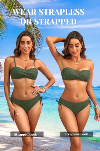 Image of Women's Strapless Bandeau Bikini Set - Twist Front Two Piece Swimsuit Top with Side Tie Bathing Suit Bottom