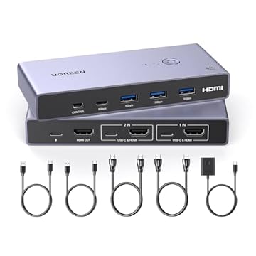 UGREEN Switch KVM HDMI 8K com 4 portas USB 3.0 (3 USB-A + 1 USB-C) Switch USB para 2 computadores Compartilhe 1 monitor Teclado Mouse Discos rígidos Impressora com 2 cabos HDMI, 2 cabos USB e