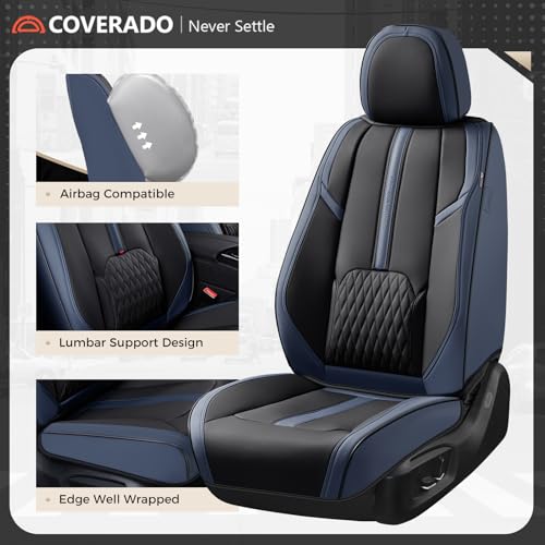 Image of Coverado Front Seat Covers, 2 PCS Luxury Leather Seat Covers with Lumbar Support, Universal Seat Cover for Cars, Car Seat Protector Waterproof, Automotive Seat Cushions Fit for Most Cars (Blue&Black)