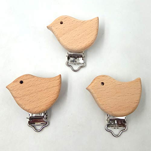 Image of 20pcs Natural Wood Suspender Pacifier Clips Cute Beech Wooden Animal Bird Shape Clips Charm DIY Beading Pacifier Chain Accessory