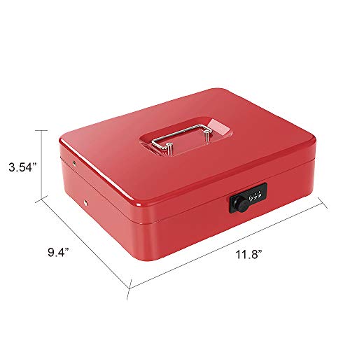 Image of Cash Box with Money Tray and Combination Lock Metal Money Box for Cash Tiered Lock Box for Money 11.8 inch x 9.4 inch x 3.54 inch Red