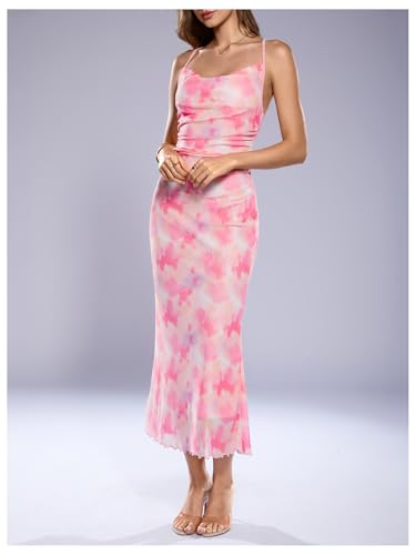 Image of SOLY HUX Women's Floral Mesh Bodycon Cami Dress Cowl Neck Sleeveless Cocktail Party Wedding Guest Long Maxi Dresses