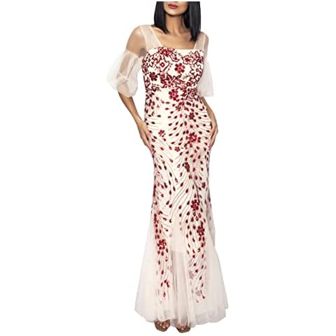 ZRSGXG Sequin Bubble Sleeve V-Neck Elegant Prom Banquet Fishtail Evening Dress, Red, X-Large Cover