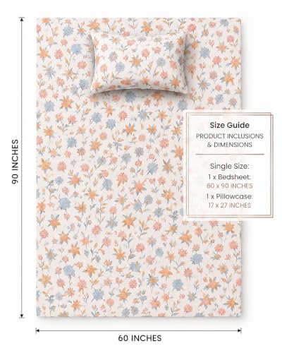 Image of VAS COLLECTIONS 240 TC Premium Cotton Single Bedsheet, Soft Breathable Comfortable Floral Printed Bed Sheet, Elegant Durable Bedding for Bedroom, Easy Care Single Bed Cover,60 x 90 Inches - Pearl