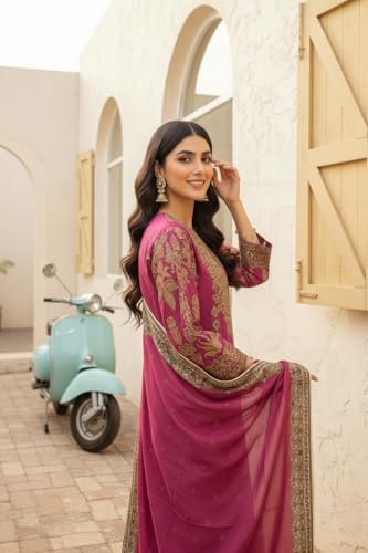Image of Amazon Brand - Tavasya Womens Ethnic Motifs Embroidered Kurta Pant Set With Designer Long Dupatta
