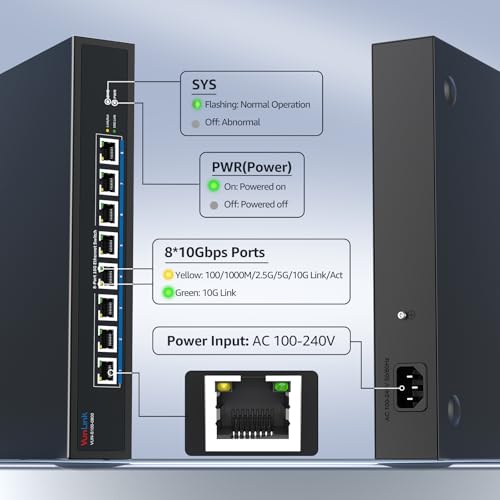 Image of 8-Port 10Gb RJ45 Ethernet Switch Unmanaged, VunLink 10GBase-T Multi-Gig (10G /5G /2.5G /1G) Network Switch, 160Gbps Capacity, 19-inch Rackmount, for 10G NAS, Server, PC, Workstation