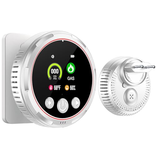 Gedsffati Plug-in 4-en-1 Detector de Monoxido de Carbono & Combustible Gas Combinación con Batería de Respaldo 1000mAh & HD Pantalla [CO Gas Humedad Temp Alarma] Blanco, HD13-CG