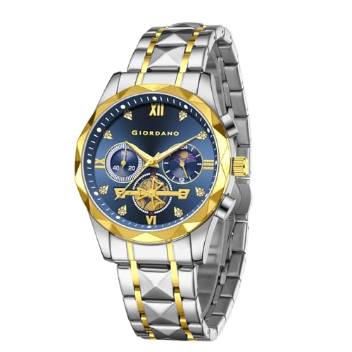 Image of Giordano Chronograph Analog Quartz Watch for Men with Round Dial, Multifunction Subdials, Sun Moon Display, Crystal Hour Markers, Roman Numerals, Stainless Steel Strap - GZ-50236