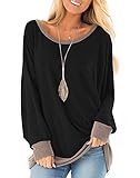 Fallorchid Women's Long Sleeve Crew Neck Tunics Loose Fit Casual Color Block Tops (Large, A-Black)