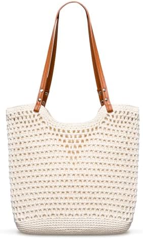 Gehäkelt Strandtasche Damen, Gewebte Strand Tote Bag mit Reißverschluss & Ledergriff, Leichte Boho Häkeltaschen mit Auslaufdichter Ausstattung, Somer Handtasche Damen für Reisen Urlaub