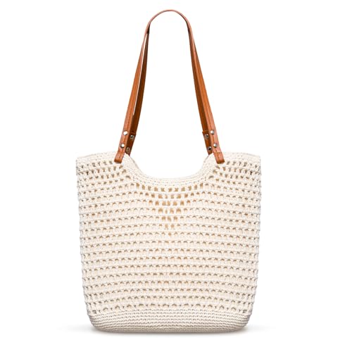 Toptime Crochet Beach Bags for Women, Woven Beach Tote Bag with Zipper & Leak-Proof Lining, Lightweight Boho Shoulder Bags with Leather Handle, Large Capacity Handbags for Summer Vacation Travel