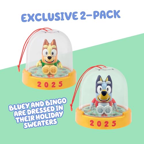 Image of Bluey Ornament Pack of 2, Poseable Mini Figures in Sweaters | Converts from tree decoration to toy figure, gold base, 2025 dated; Bluey Christmas gift for kids ages 3+