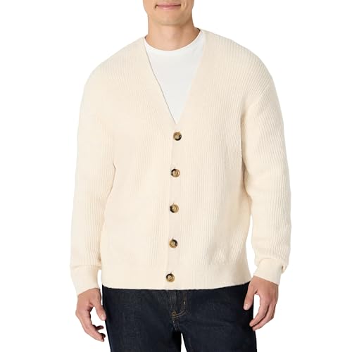 Amazon Essentials Men's Relaxed-Fit Cotton Blend Cardigan, Oatmeal Heather, Large