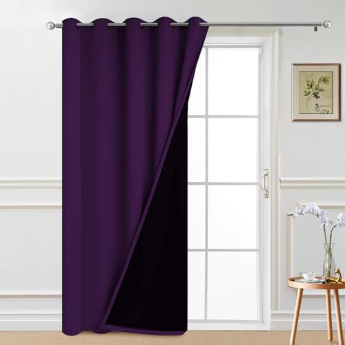 Image of Yakamok Purple 100% Blackout Patio Door Curtain Panels W70 x L84,1 Panel | Noise Reducing Barrier Panel for Sliding Glass Door, 2 Thick Layers Heat Full Light Blocking Patio Door Drapery