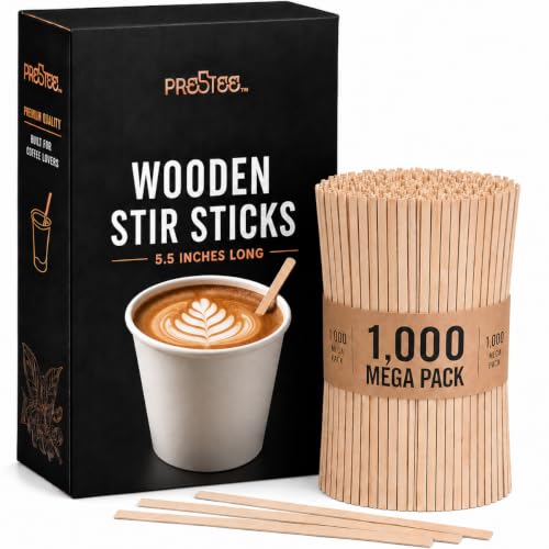 1000 Wooden Coffee Stirrer by Prestee - Disposable 5.5 inches Long Wooden Stir Sticks for Coffee and Cocktails - Smooth, Splinter-Free Beverage Mixers - Ideal for Cafe, Bars and Drink Stations
