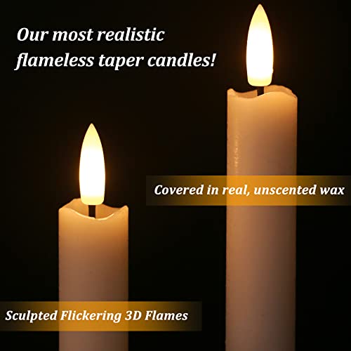 Image of Real Wax Flameless Ivory Taper Candles Flickering with Remote Timer, 9.6 inch Battery Operated Led Candles Candlesticks Black Wick with 3D Flickering Flame Pack of 6 for Christmas Home Wedding Decor