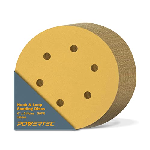 POWERTEC 50 PCS 150 Grit - 6 Inch 6 Hole Hook and Loop Sanding Discs, 6