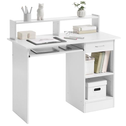 Yaheetech Bureau Blanc pour Ordinateur PC Bureau Informatique avec Porte Clavier Coulissant Tiroir et 2 étagères de Rangement Table de Bureaux pour Chambre...
