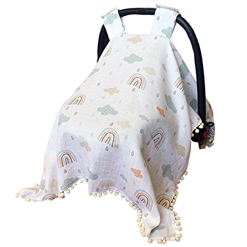 Image of Car Seat Covers for Babies, Unisex Large Lightweight Breathable Cotton Muslin Canopy, Suitable for Four Seasons, Protects Baby from Wind and Curious Strangers, (Rainbow)