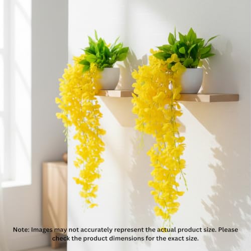 Image of fancymart Artificial Flower Yellow Wisteria Hanging Plant with White Pot, 60 cm Height, Pack of 2, Realistic Floral Vine for Home, Office, Living Room & Wall Decor