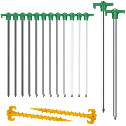 12+2PCS Tent Stakes Heavy Duty Camping Stakes,AVOFOREST 9.8inch Non-Rust Metal Tent Pegs Ground Stakes Tent Spikes Camping,Garden,Hiking Green Cover
