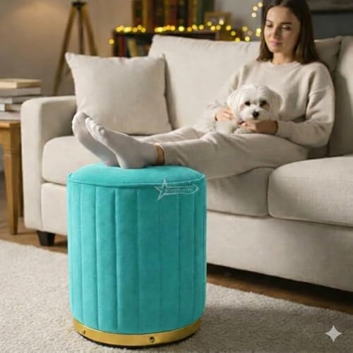 Image of Upholstered Round Linen Strip Stool Living Room Foot Rest Office Stool Pouf Ottoman Padded Seat - Aqua
