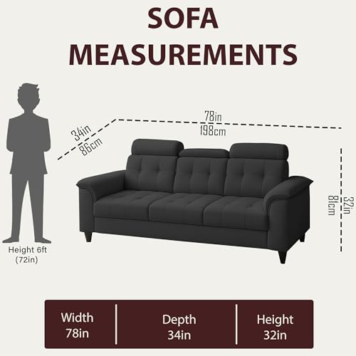 Image of Casaliving Ella 3 Seater Sofa Set for Living Room (Black Colour Fabric) Premium Fabric Sofa