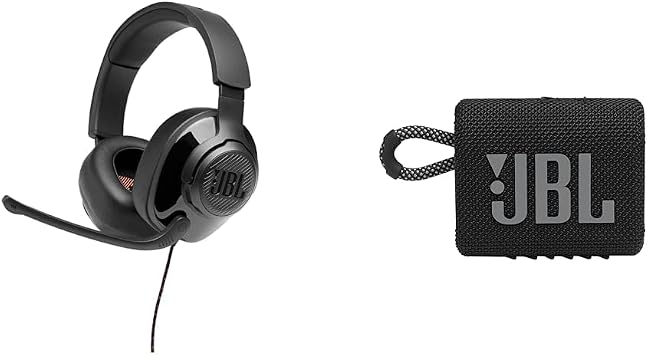 JBL Quantum 200 Gaming Headphones Go 3 Portable Speaker Bundle - Wired Over-Ear Headset for Immersive Game Audio and Bluetooth Speaker for Bold Sound