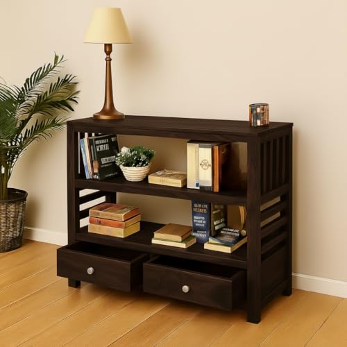 Image of Solid Sheesham Wood Bookshelf Console Table for Living Room | Wooden Book Shelf with 2 Drawers & Storage Shelves | Entryway /Foyer Table for Home (Walnut Finish)