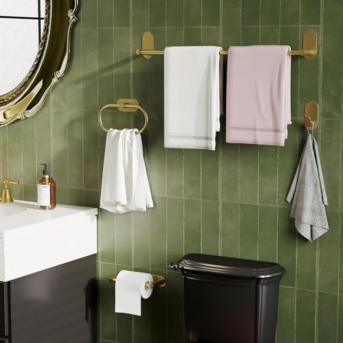 Image of OSLEN Luxury Gold Towel Ring Holder for Bathroom - Self Adhesive, No Drill Installation, Rust Resistant Stainless Steel & Zinc Alloy Hand Towel Hanger for Bathroom, Kitchen & Wash Basin