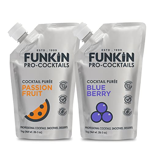 Funkin Puree Twin Pack Bundle | Passion Fruit and Blueberry | Real Fresh Fruit for Cocktails, Drinks, Smoothies, Cooking | No Added Preservatives or Flavorings (2.2 lbs)